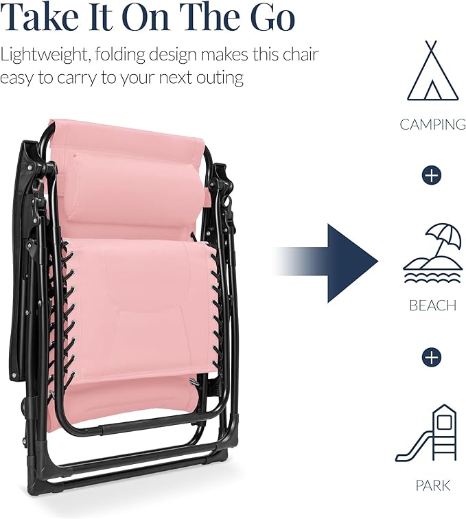 Best Choice Products Oversized Padded Zero Gravity Chair, Folding Outdoor Patio Recliner, XL Anti Gravity Lounger for Backyard w/Headrest, Cup Holder, Side Tray, Polyester Mesh - Bubblegum Pink - Image 5