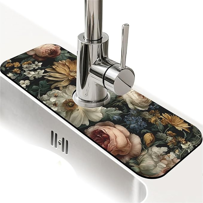 Kitchen Sink Splash Guard，Dark-floral Faucet Mat Sink Gadgets-Super Absorbent by ZHUZHISHAN