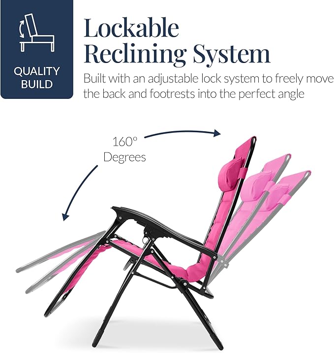 Best Choice Products Oversized Padded Zero Gravity Chair, Folding Outdoor Patio Recliner, XL Anti Gravity Lounger for Backyard w/Headrest, Cup Holder, Side Tray, Polyester Mesh - Hot Pink - Image 7