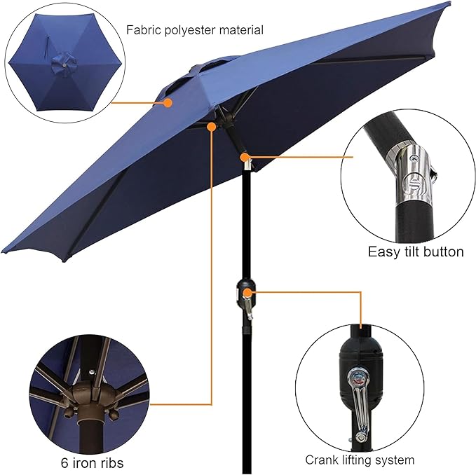 Blissun 7.5 ft Patio Umbrella, Yard Umbrella, Outdoor Market Umbrella with Push Button Tilt Crank (Navy Blue) - Image 2