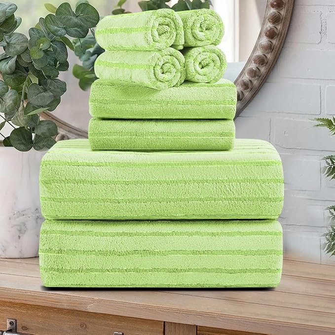 8 Pcs Grass Green Cabana Stripe Large Bath Towel Set by Oliven
