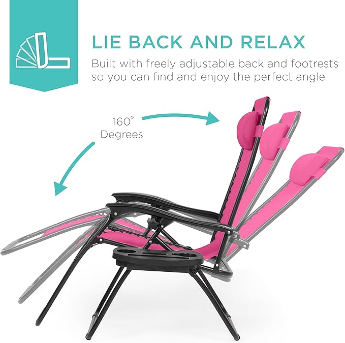 Best Choice Products Set of 2 Adjustable Steel Mesh Zero Gravity Lounge Chair Recliners w/Pillows and Cup Holder Trays - Hot Pink/Black - Image 3