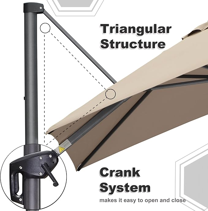 PURPLE LEAF 10' X 13' Square Cantilever Umbrella Patio Umbrella with Base Outdoor Umbrella Aluminum Offset with 360-degree Rotation for Garden Deck Pool Patio Taupe - Image 6