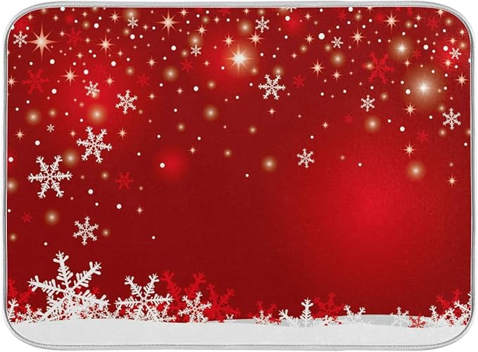 Christmas White Snowflake On Red Background Dish Drying Mat 16x18 inch Dish by Wamika