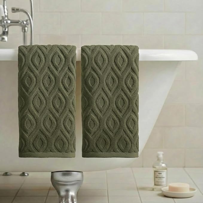 Artoid Mode 2 Pcs Olive Green 3D Diamond Grid Jacquard Hand Towels - Image 4