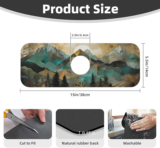 Kitchen Sink Splash Guard Faucet Mat Mountains Trees Landscape Sunrise 15"x5.5" - Image 2