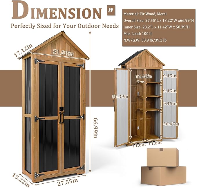 PetsCosset Outdoor Storage Cabinet Waterproof, Outdoor Storage Shed with Shelves, Wood & Metal Patio Backyard Garden Storage Cabinet Tool Organizer for Outside - Image 2