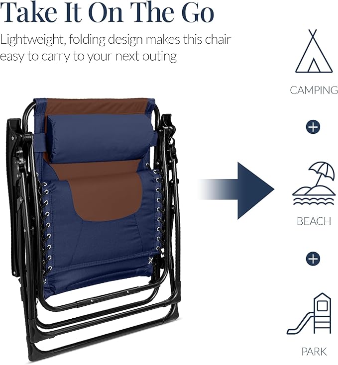 Best Choice Products Oversized Padded Zero Gravity Chair, Folding Outdoor Patio Recliner, XL Anti Gravity Lounger for Backyard w/Headrest, Cup Holder, Side Tray, Polyester Mesh - Navy/Brown - Image 6