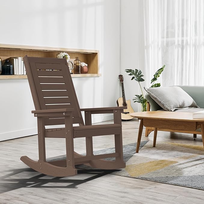 GREENVINES Outdoor Rocking Chairs | Set of 2 | Porch Rocker | HDPE Plastic | Wood Grain | Oversized Rockers | High Back | Big & Tall | Ladder Back | Dark Brown | for Patio Outside - Image 2