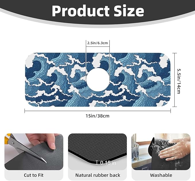 Japanese Wave Kanagawa Blue And White Waves Japan Kitchen Sink Splash Guard - Image 2