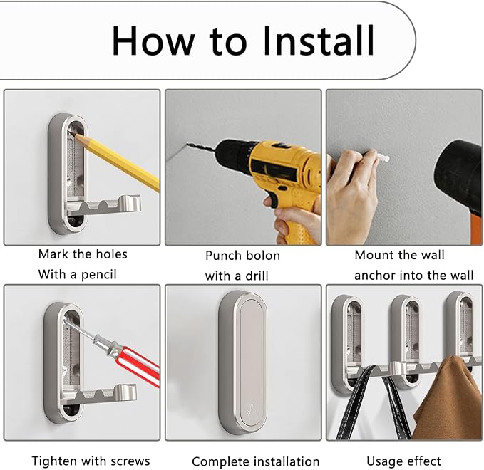 6PCS Folding Coat Hooks, Heavy Duty Wall Hooks Made of Zinc Alloy, Foldable - Image 7
