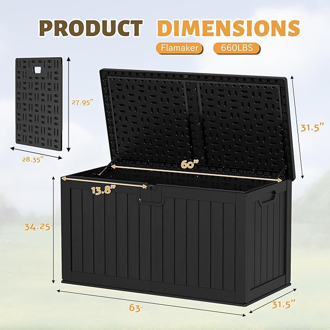Flamaker Resin Deck Box 250 Gallon, Waterproof Imitation-Wood Lockable Storage Box with Separator Plate Outdoor Indoor, Garden, Patio Furniture for Tools&Pool Accessories (Black) - Image 4