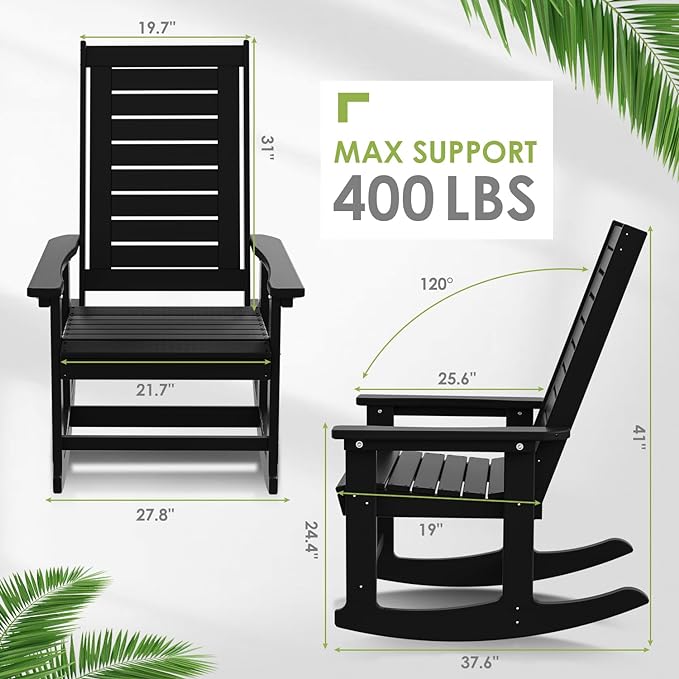 GREENVINES Outdoor Rocking Chairs | Set of 2 | Porch Rocker | HDPE Plastic | Black | Oversized Rockers | High Back | Big & Tall | Ladder Back | for Patio Outside Backyard Balcony - Image 3
