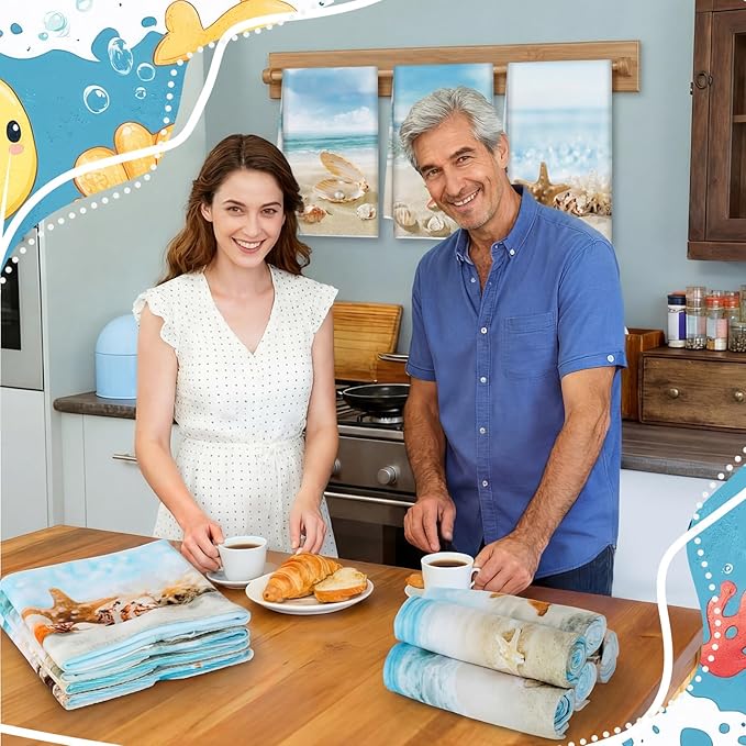 Breling Set of 6 Summer Beach Kitchen Towels Coastal Dish Towel Bathroom - Image 5