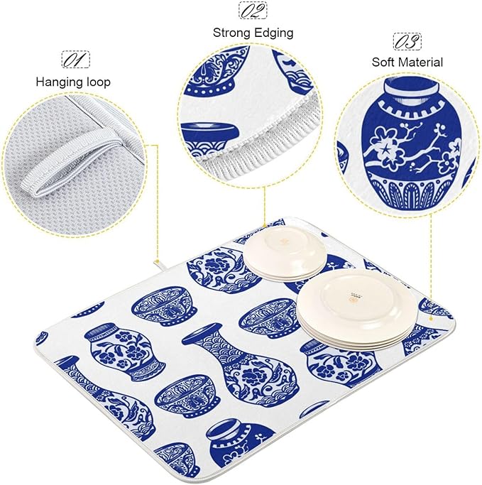 Chinese Blue Vases Dish Drying Mat Super Absorbent Drying Mat Large Coffee Mat - Image 4