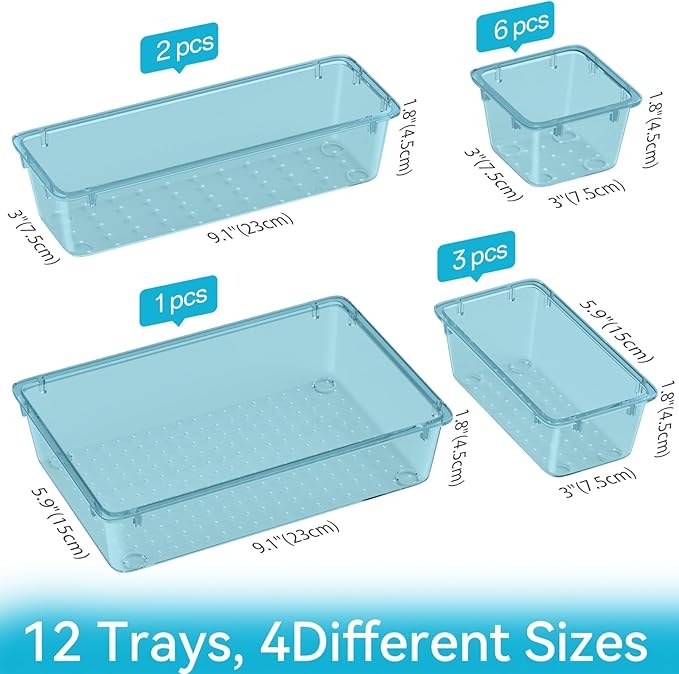 12-Piece Drawer Organizer Set, 4 Sizes Versatile Plastic Vanity Organizer - Image 2