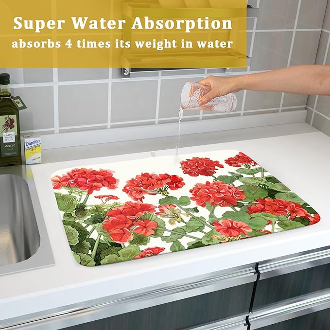 Spring Dish Drying Mat for Kitchen Counter Geranium Summer Floral Absorbent - Image 7