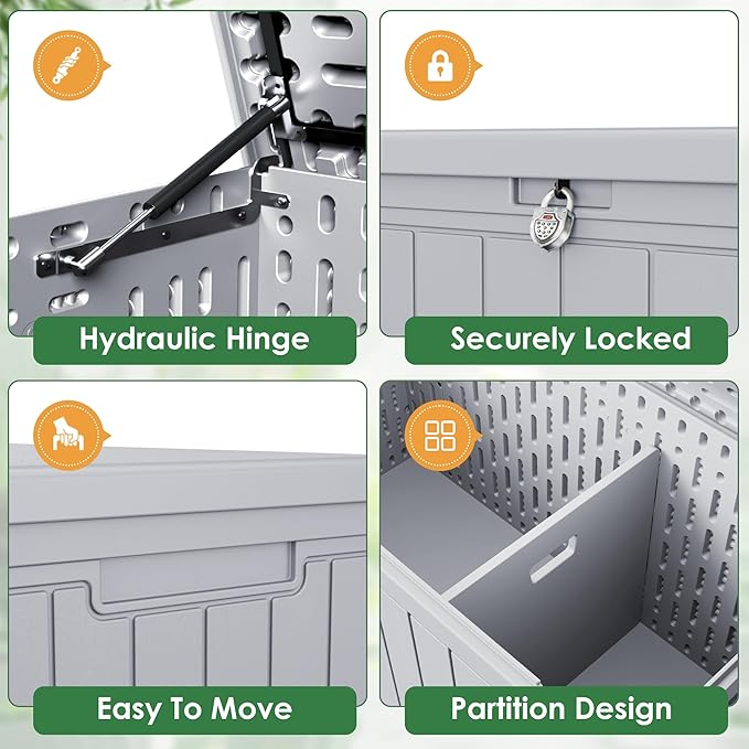 Devoko 260 Gallon Double-Wall Deck Box with Divider, Side Handles, Resin Outdoor Large Storage Box Waterproof and Lockable for Patio Furniture, Garden, Pool (Grey, 260 Gallon) - Image 2