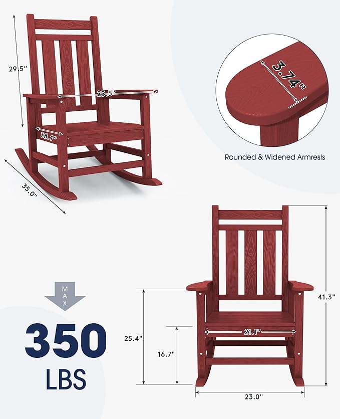 KINGYES Oversized Outdoor Rocking Chair, All-Weather Patio Rocking Chairs for Porch, HDPE Outdoor Patio Rockers with High Back & Wide Seat for Garden, Lawn, Red - Image 2