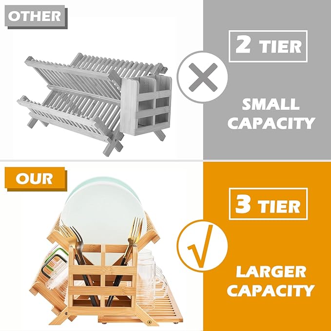 Bamboo Dish Drying Rack, 3 Tier Collapsible Wooden Dish Drainer Rack - Image 2