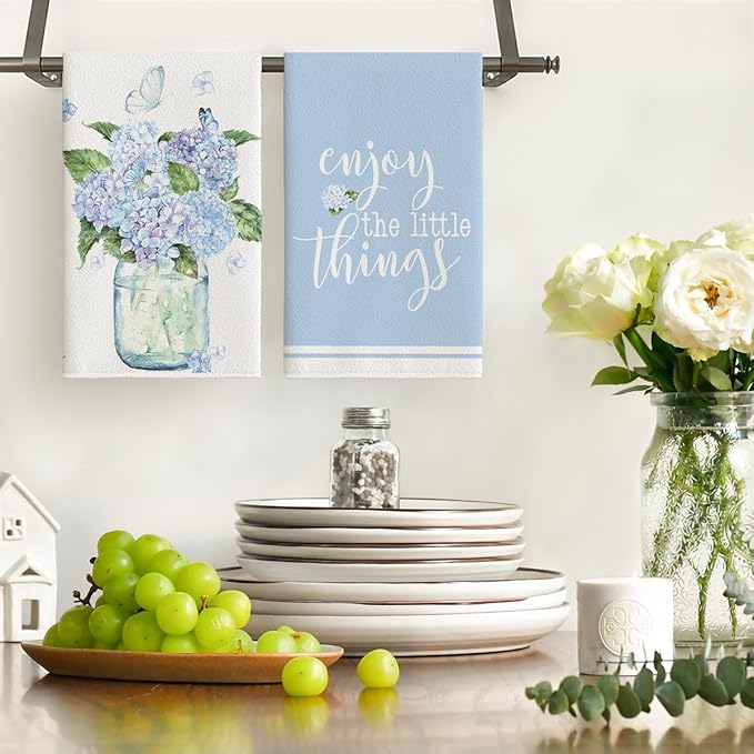 Artoid Mode Blue Hydrangea Motto Spring Kitchen Towels Dish Towels, 18x26 Inch - Image 2