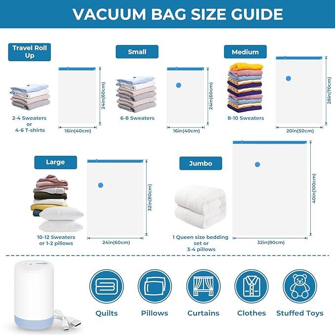 Travel Vacuum Bags with Rechargeable Cordless Pump, 20 Pack Vacuum Seal Bags - Image 2