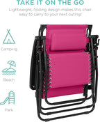 Best Choice Products 30” Wide Folding Zero Gravity Outdoor Recliner Patio Lounge Chair w/Adjustable Canopy Shade, Headrest, Side Accessory Tray - Hot Pink/Black - Image 9