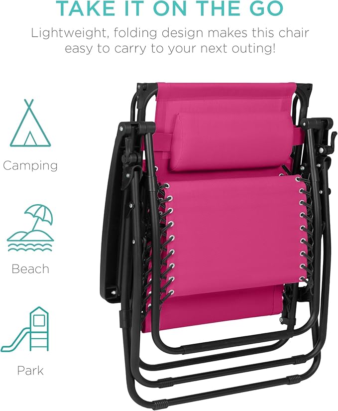 Best Choice Products 30” Wide Folding Zero Gravity Outdoor Recliner Patio Lounge Chair w/Adjustable Canopy Shade, Headrest, Side Accessory Tray - Hot Pink/Black - Image 9