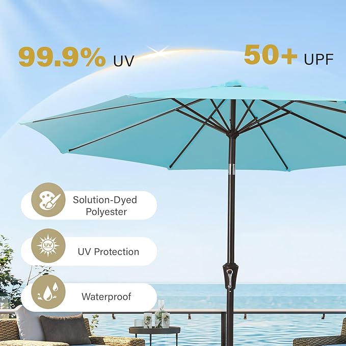 MEWAY 9ft Patio Umbrella Outdoor Table Umbrellas with Push Button Tilt and Crank, Market Umbrella 8 Sturdy Ribs for Deck, Garden, Pool and Backyard, Sky Blue - Image 5