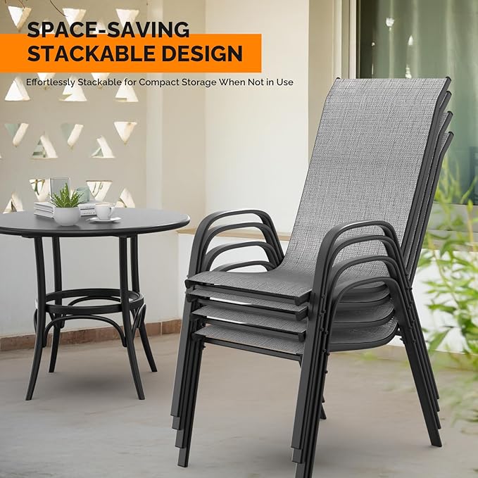 VINGLI Patio Chairs Set of 8 – Stackable Outdoor Dining Chairs with Comfortable Sling High Back Chairs and Armrests for Lawn, Poolside, Courtyard, Balcony, Garden, Silver Gray - Image 6