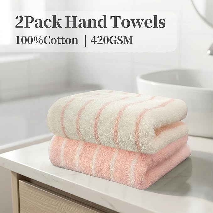 VOOVA & MOVAS Pink Stripe Natural Cotton Hand Towels Set of 2, Bathroom & - Image 3