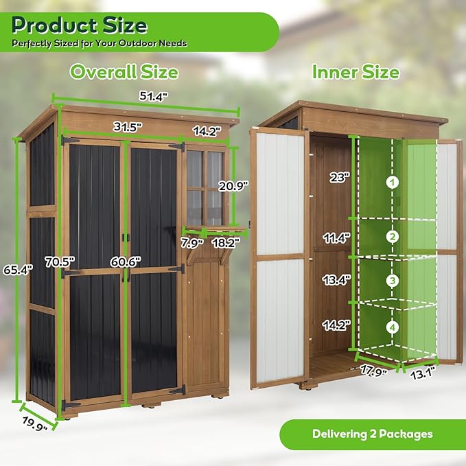 PetsCosset Large Outdoor Storage Cabinet Waterproof with Shelves, Outside Storage Shed Tall Backyard Cabinet with Fold-Out Table for Patio, Garage, Garden, Pool Accessories Storage (70.5" H x 51" L) - Image 3
