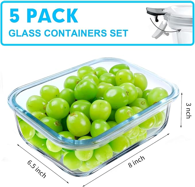 VERONES 5 Pack 36 OZ Glass Meal Prep Containers, Airtight Glass Lunch - Image 2