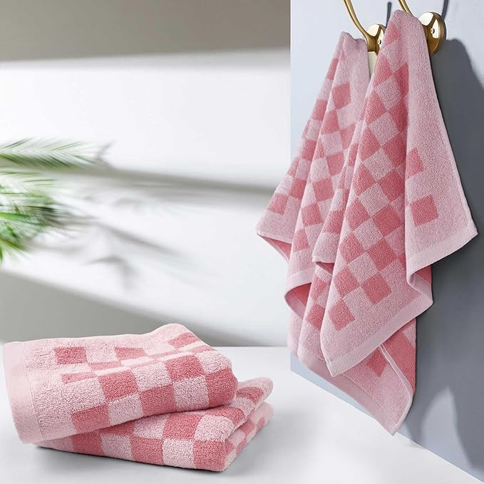 Jacquotha Soft Cotton Hand Towels in Pink Checkered - Image 7
