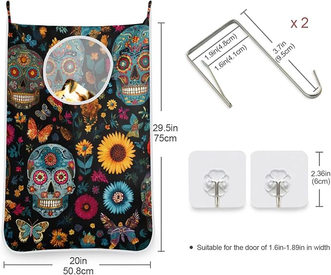 Mexican Skulls and Flowers Hanging Laundry Hamper Door Hampers Bag Basket - Image 3