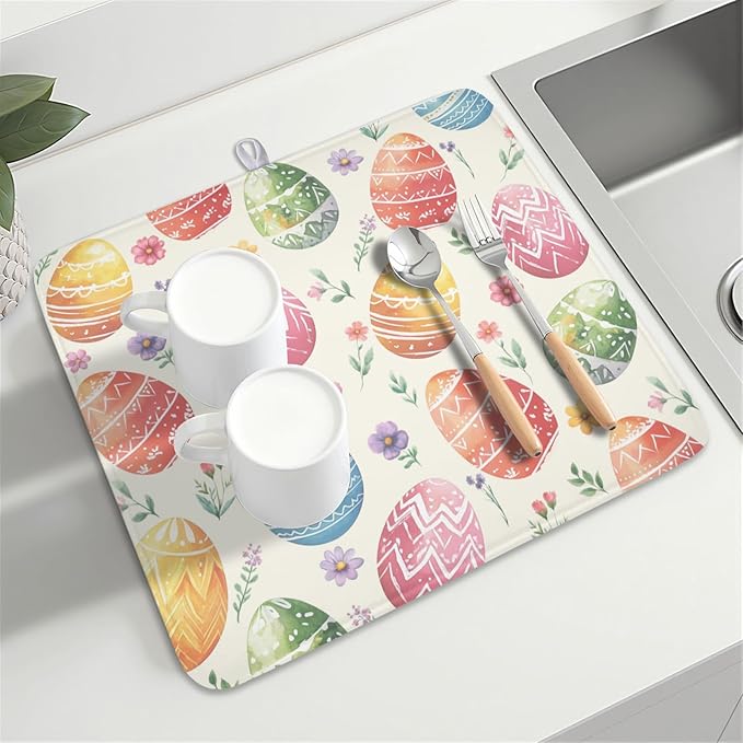 Easter Dish Drying Mat for Kitchen Counter Colorful Easter Eggs Floral Pattern - Image 8
