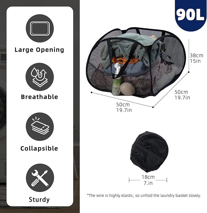 Collapsible Laundry Basket 90L, Foldable Mesh Pop-up Laundry Hamper - Image 2