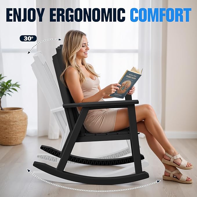 Devoko PP Material Rocking Chair Outdoor Indoor All Weather High Back Patio Rocker for Adult Heavy Duty Rocking Chair for Patio Backyard Porch Garden (Heavy Duty, Black) - Image 6