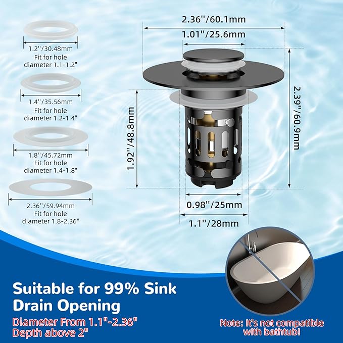 Hibbent Upgraded 3 in 1 Bathroom Sink Drain Strainer, Universal Pop Up Stopper - Image 7