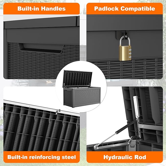 320 Gallon Resin Deck Box, Lockable Weatherproof Outdoor Storage Box for Furniture, Garden Tools and Tools Storage, Waterproof Outside Storage Boxes - Black - Image 5