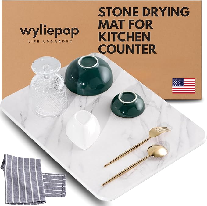 Stone Drying Mat for Kitchen Counter – Diatomaceous Earth Dish Drying Stone – by Wyliepop