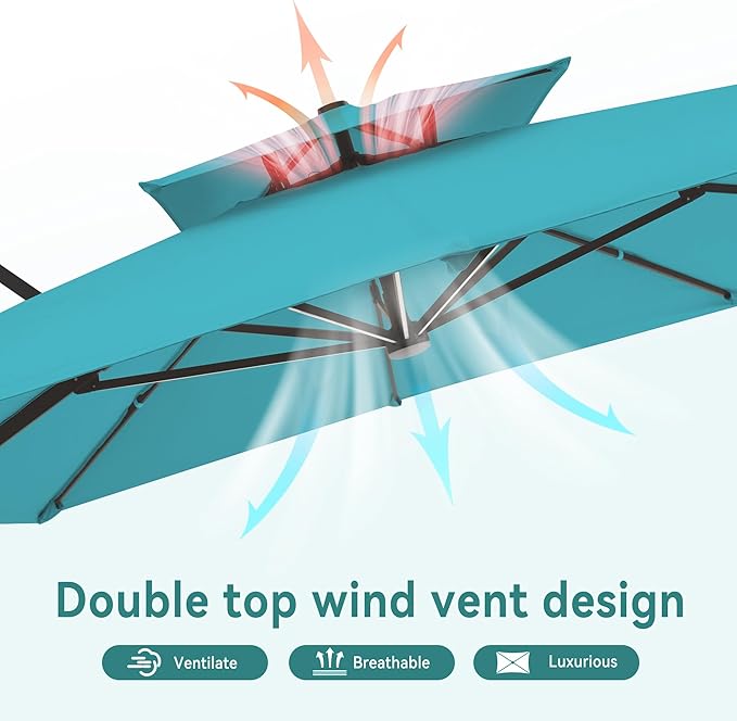10 X 13 FT Cantilever Outdoor Patio Umbrella with Led Lights Large Heavy Duty 360° Rotation Double Top Offset Rectangular Umbrellas for Backyard Garden Pool Outside Deck, Turquoise - Image 6