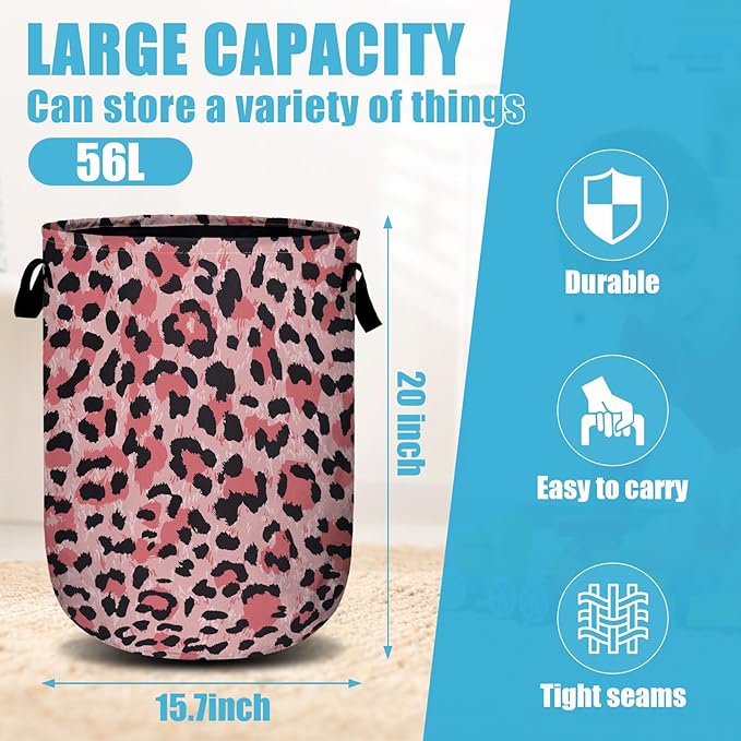 Pink Leopard Laundry Basket, Laundry Hamper Collapsible Oxford Cloth - Image 2