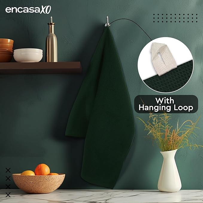 Encasa XO Kitchen Dish Towels Set | Dark Green | Waffle Weave and Flat Hand Tea - Image 6