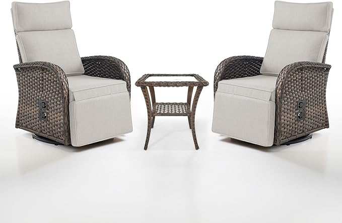 Dual-Adjust Swivel Outdoor Recliner Chair Set of 3 - Reclining Patio Chair with Adjustable Backrest and Footrest, All-Weather Wicker Chaise Lounge Outdoor with Side Table for Deck (Upgraded 2.0) by Belord