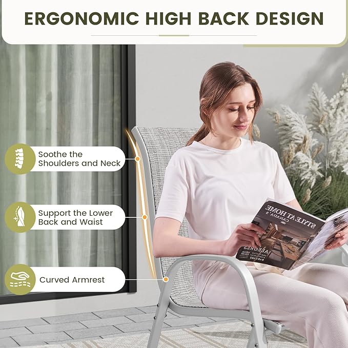 UDPATIO Patio Chairs Set of 6, Stackable Silver Outdoor Dining Chairs with High Back, Breathable Textilene Fabric Outdoor Chair All Weather, 350LBS Capacity for Garden, Backyard (Light Grey) - Image 7