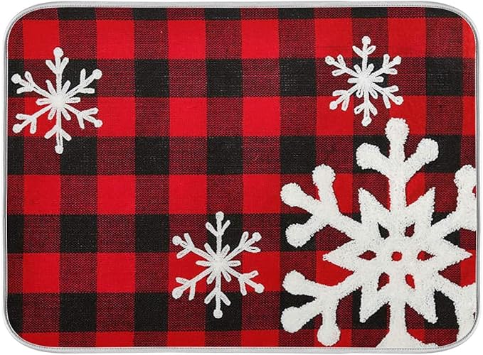 Christmas Red Plaid Snow Snowflake Dish Drying Mat 18x24 inch Red Black Lattice by Wamika