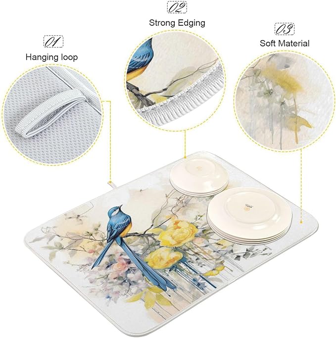 ALAZA Spring Blue Bird with Yellow Flowers Butterflies Dish Drying Mat - Image 4