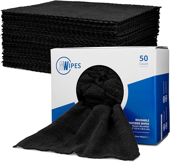 Black Microfiber Shop Towels | MWipes Reusable Shop Rags | 50 Rags in a Box | by MicrofiberWholesale
