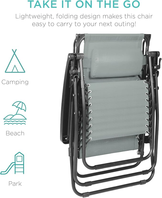 Best Choice Products Folding Zero Gravity Outdoor Recliner Patio Lounge Chair w/Adjustable Canopy Shade, Headrest, Side Accessory Tray, Textilene Mesh - Stardew - Image 8